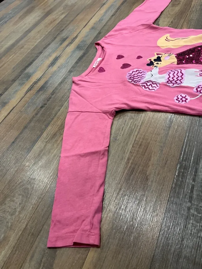 T-shirt manches longues rose motif chat et caniche - photo numéro 3