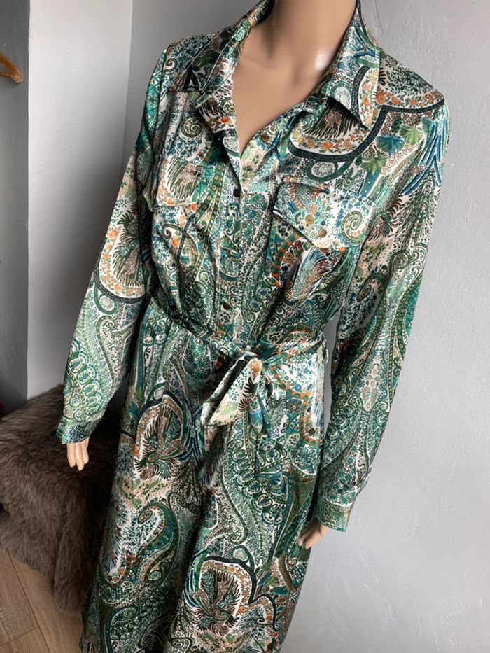💚 Robe Chemise Longue Imprimé Paisley Vert & Blanc - Taille Unique, Excellent État 💚 - photo numéro 4