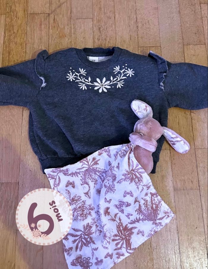 🌸 Adorable Sweat H&M 6 Mois - Gris Anthracite Brodé & Volants 🌸