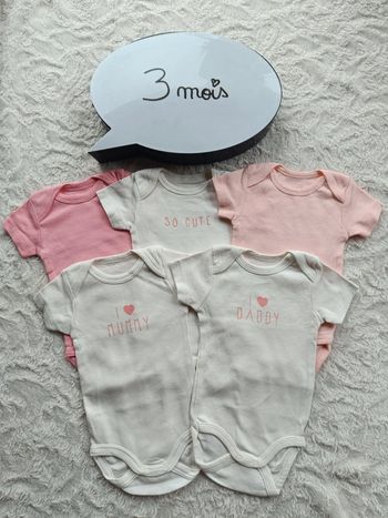 Lot de 5 bodies manches courtes Fille 3 mois Mummy daddy Maman Papa So cute Kiabi