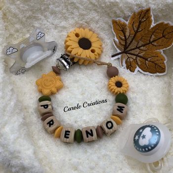 Attache tétine silicone personnalisée tournesol soleil 