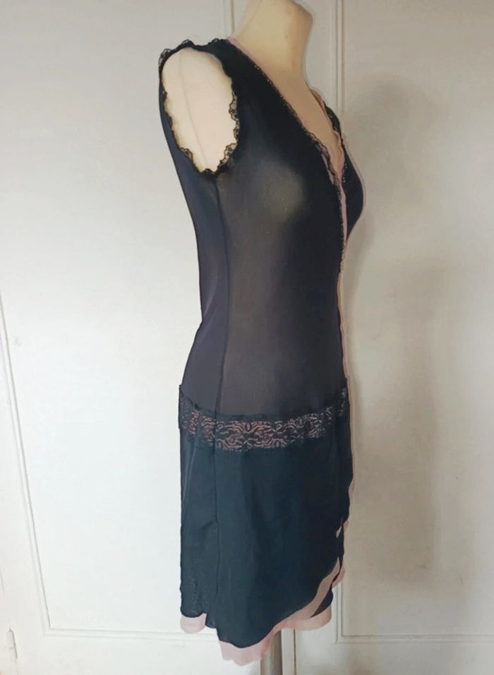 💗 nuisette noir dentelle sequin voile transparente et rose taille m 38 l 40 vintage authentique - photo numéro 3