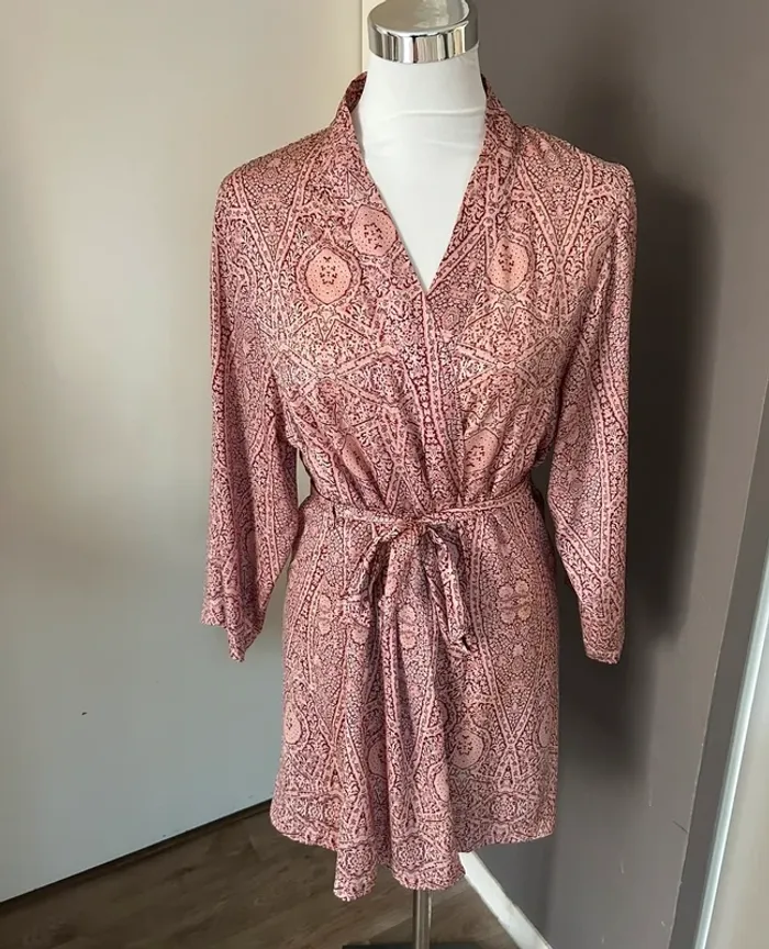 Etam ensemble pantalon + kimono /peignoir satin rose - photo numéro 6