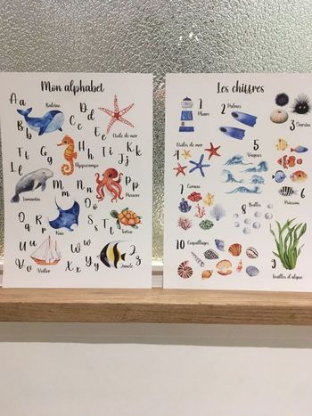 Lot de 2 affiches Chiffres et Alphabet Océan Mer