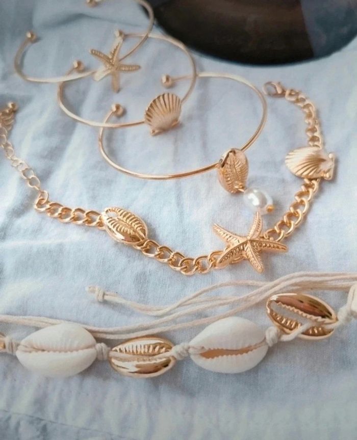 A47 lot de 5 bracelet gourmette bohème nature coquillage doré or tendance réglable - photo numéro 3