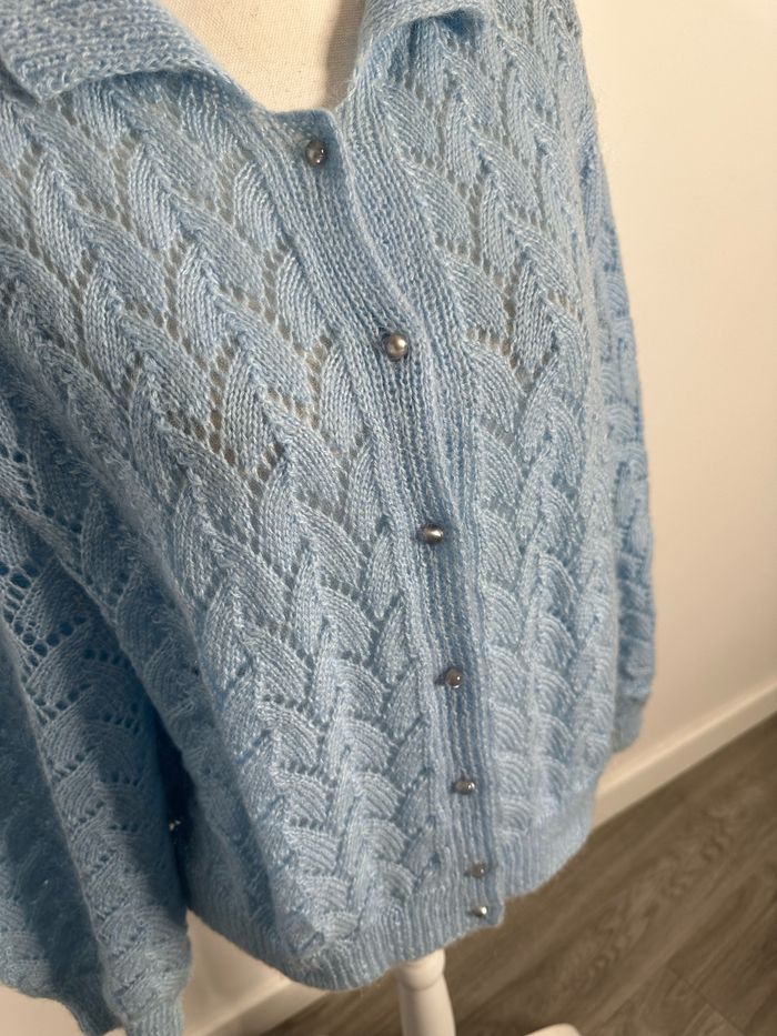 Cardigan en crochet tricot maille ajourée bleu ciel Vintage T42 XL - photo numéro 3