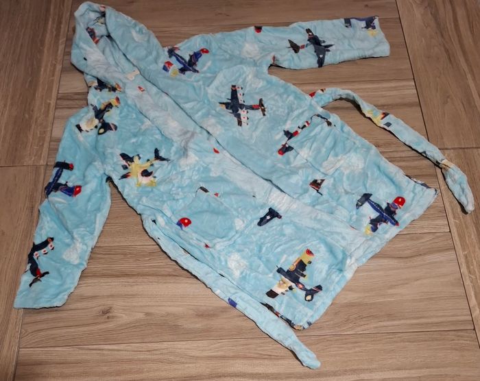 Peignoir à capuche garçon fille pyjama doux vêtements de nuit motif avion bleu - photo numéro 3