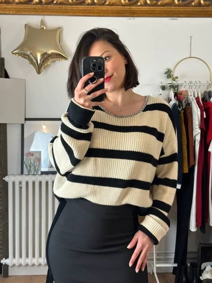 Pull The Kooples rayé noir et beige taille 36 - photo numéro 2