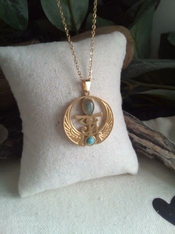 Collier pendentif égyptien croix ankh avec pierre de Labradorite