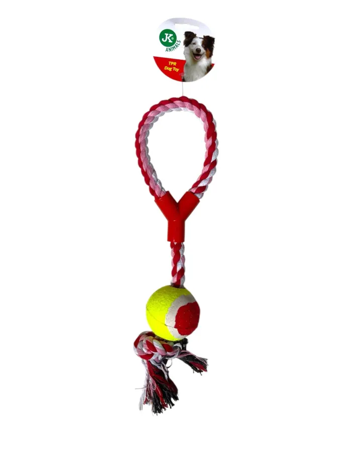 Jouet pour chien JK Animals corde tressée rouge/blanche + balle de tennis raccord plastique 40 cm