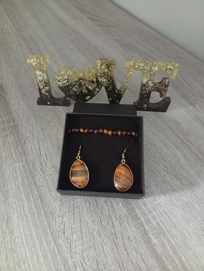 Joli ensemble boucles d'oreilles+bracelet en pierre naturelle oeil du tigre