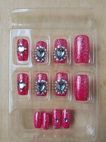 NEUF 12 Faux ongles nail art rouge, rose, magenta strass