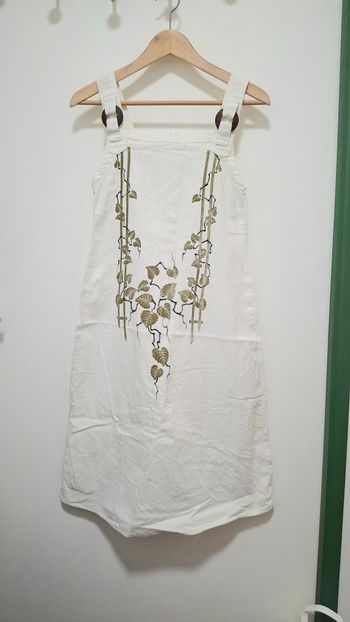 Robe florale en lin, avec cercles en bois décoratifs aux bretelles (Taille unique, voir mesures)