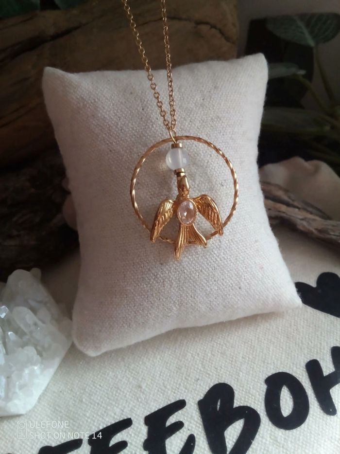 Collier oiseau avec zircon et pierre opaline
