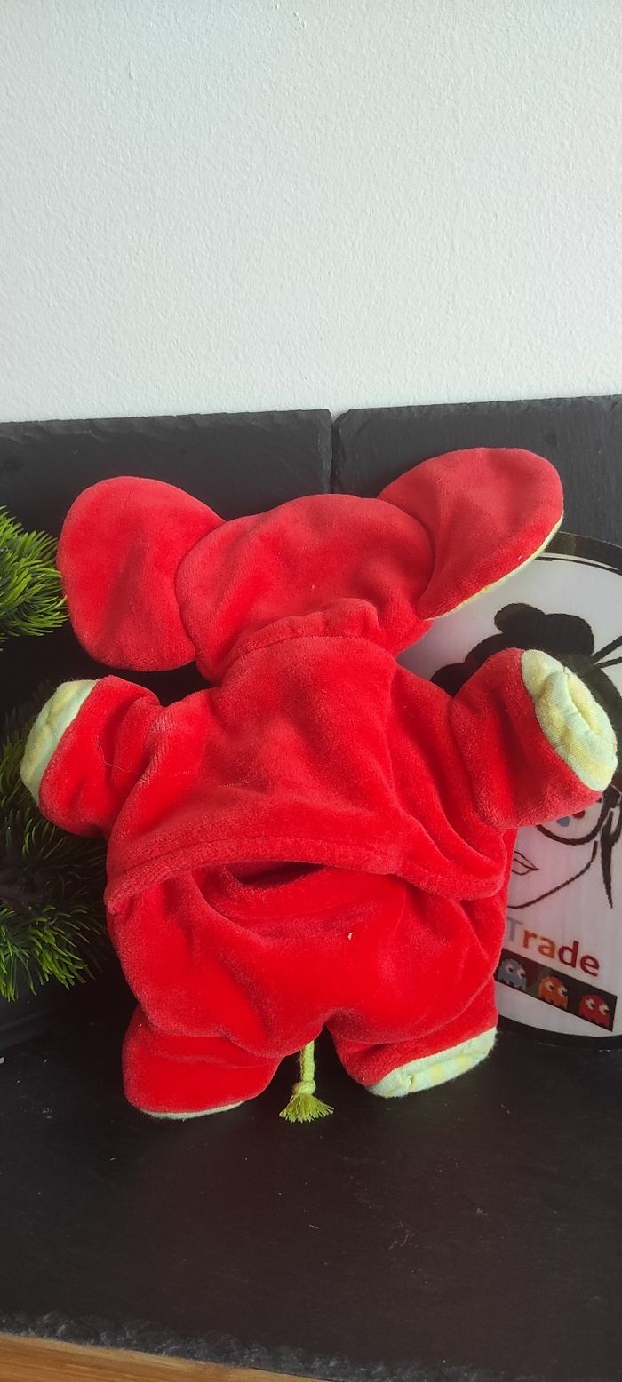 doudou marionnette éléphant marese rouge vert jaune rayé ancien vintage Rayure - photo numéro 2