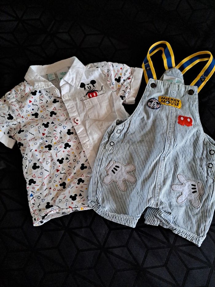 Magnifique ensemble salopette short et chemise manche courte mickey 6mois 100%coton