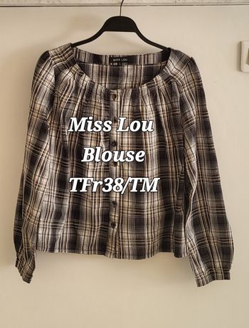 Miss Lou Blouse ML TFr38/TM-Tons Marron/Noir-Imprimé A Carreaux-Col Rond-Boutonné devant en TBE