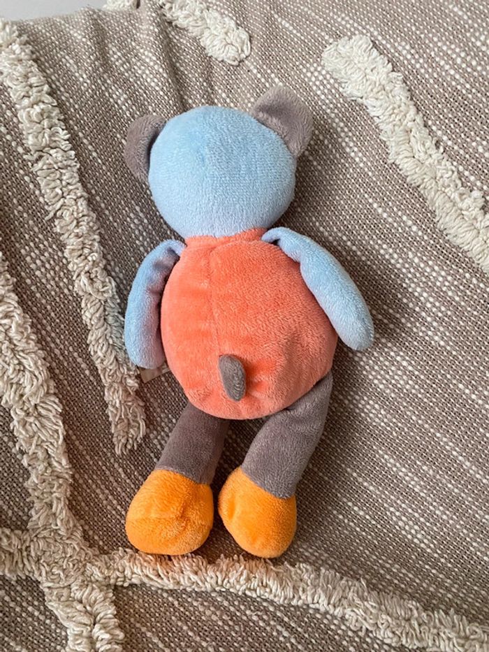Peluche doudou 30cm Doukidou ours bleu et orange feuille très bon état - photo numéro 3