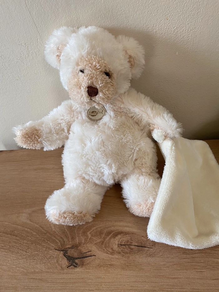 Doudou peluche ours écru museau marron mouchoir baby nat neuf - photo numéro 2