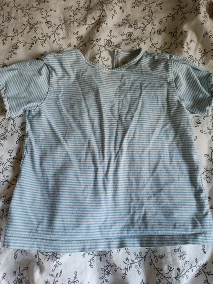 Tee shirt manches courtes à volants H&M 98cm rayé bleu et blanc