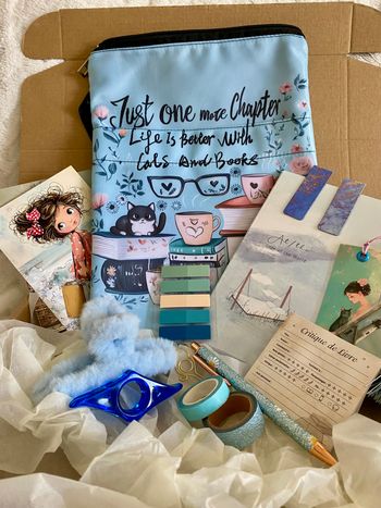 Coffret lecture bleu cadeau lectrice book lover marque-pages carnet stylo kawaii chat livres
