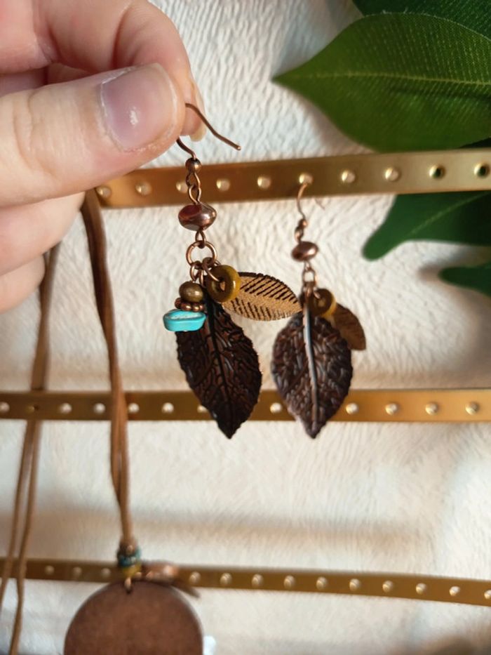 Parure collier + boucles d’oreilles – Style bohème feuilles - photo numéro 5