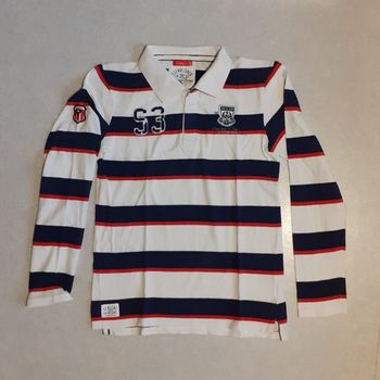 Polo manches longues Raye Marine, blanc et fines rayures rouges