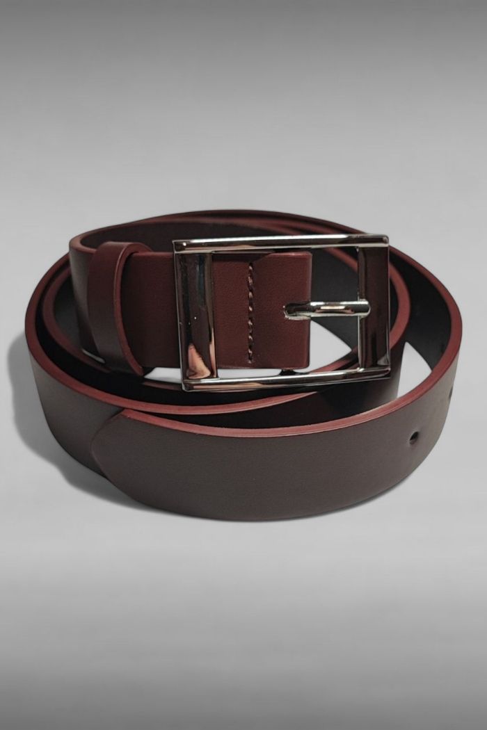 Ceinture cuir marron Boucle acier argentée 117CM