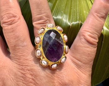 Grosse bague habaha Paris réglable acier inoxydable or grosse améthyste perles d’eaux douces