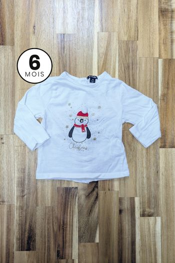T-shirt manches longues Pingouin Noël - bébé 6 mois