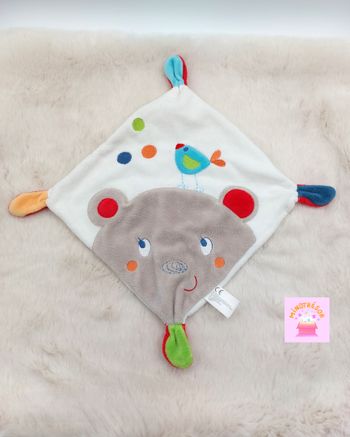 Doudou plat carré blanc ours gris beige oiseau bleu Nicotoy Simba rond orange