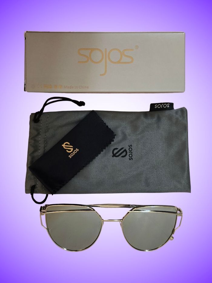 Lunettes de Soleil Femme Sojos – Monture Cat Eye Métal Doré – Verres Miroir Argenté/Gris – Neuf, Avec Étiquette