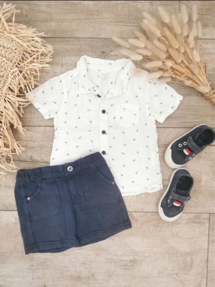 Short et chemise lin coton motif bateau blanc bleu marine 18mois