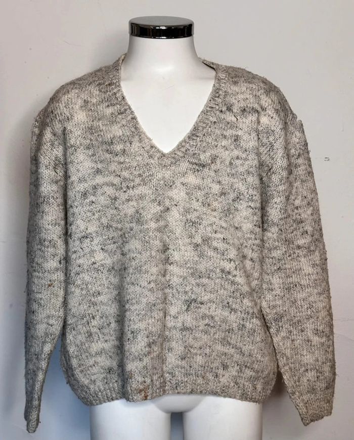 Pull vintage col V gris chiné taille environ 10-12 ans