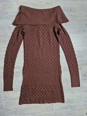 Pull long col bateau maille ajourée marron Pimkie XS