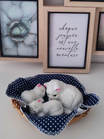 Déco chats céramique dans panier osier