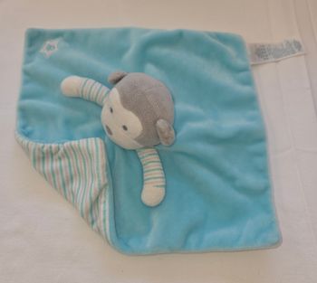 Doudou singe carré plat bleu turquoise et gris ,blanc, bleu turquoise rayé- Obaibi