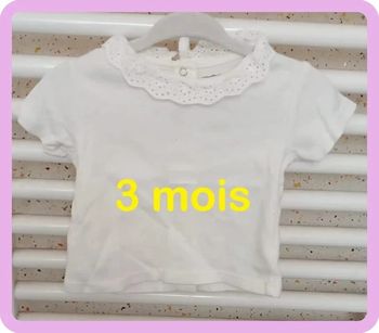 Tee shirt manche courte crème col dentelle Vertbaudet Taille 3 mois