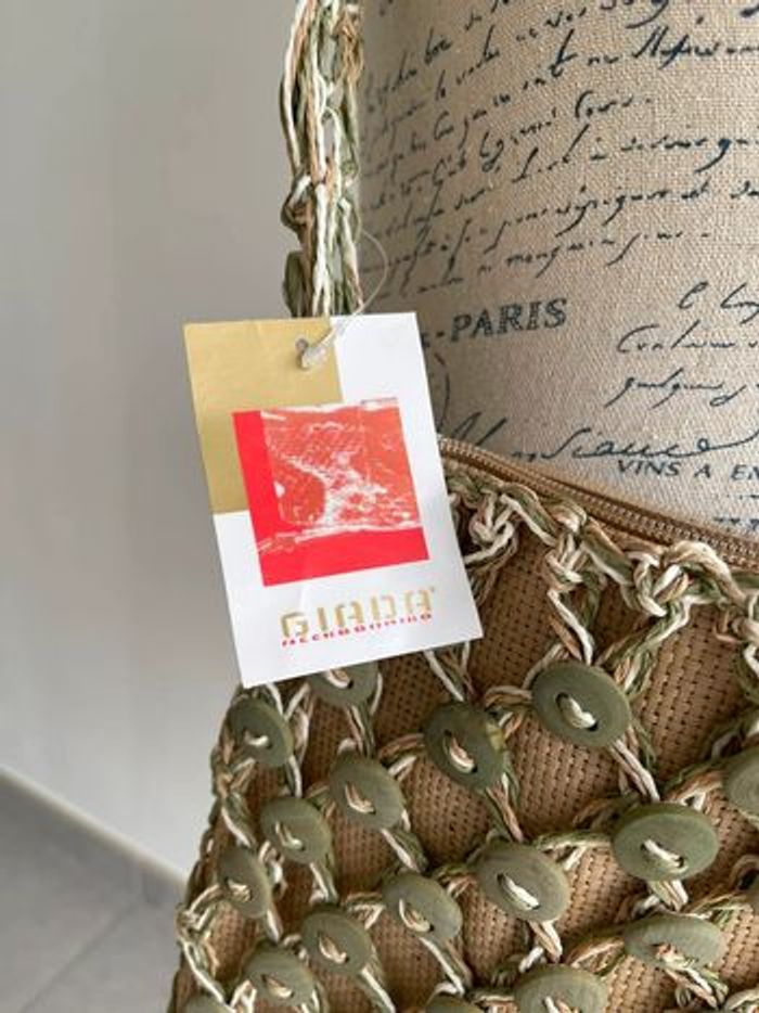 Grand sac raphia (31x38cm) beige et vert - photo numéro 6
