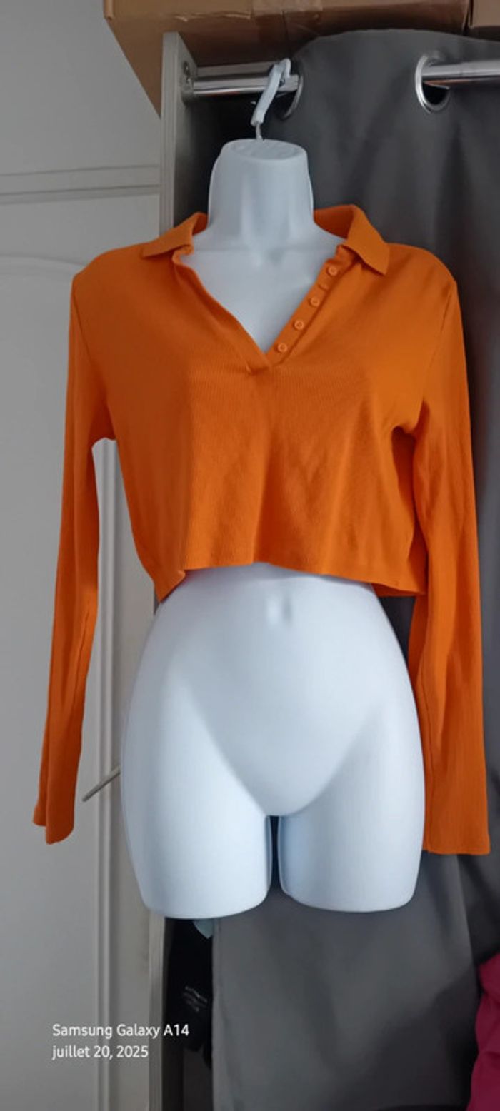 Polo court manches longues maille côtelée col en V à boutons orange femme L zara - photo numéro 2