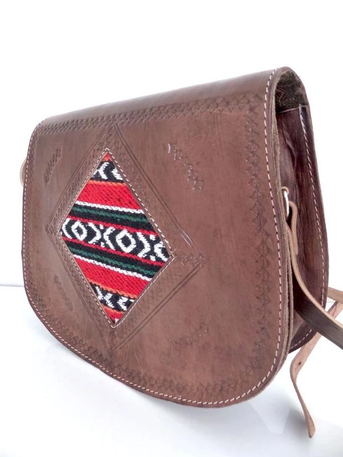 Sac bandoulière NEUF marron cuir pleine fleur tannage naturel & laine Kilim Besace Ethnique - photo numéro 4