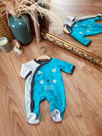 Taille naissance pyjama velours garçon sucre d’orge bleu turquoise * chat * 💙