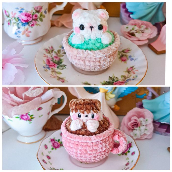 Peluches ours chat dans une tasse au crochet