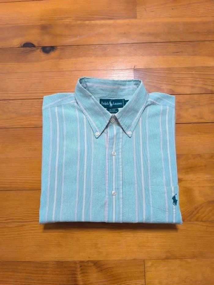Chemisette à rayures - Ralph Lauren - Blaire - Logo brodé marine - Turquoise, blanc - Taille XL - photo numéro 2