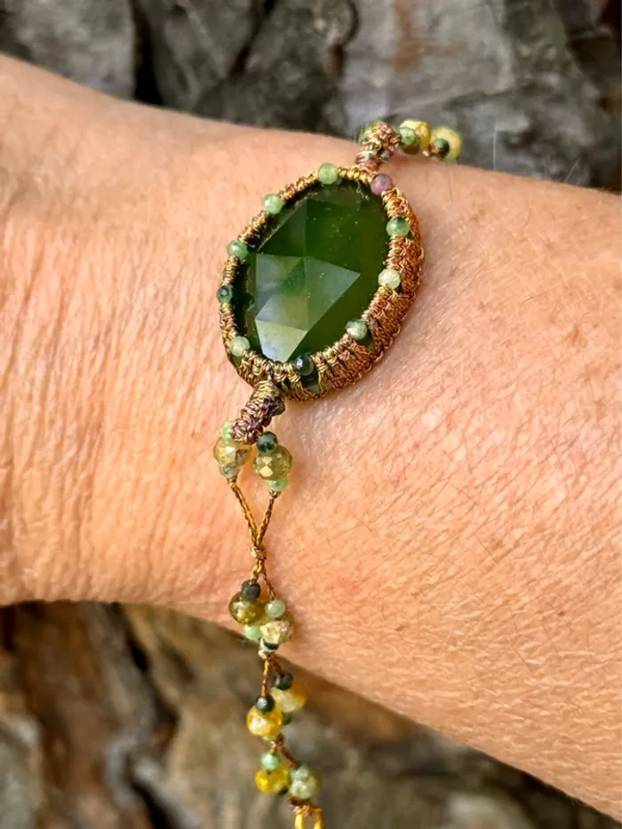 Bracelet bracelet cordons et fils tissés malachite jade et gros pavé perles d’eaux vert habaha Paris - photo numéro 3