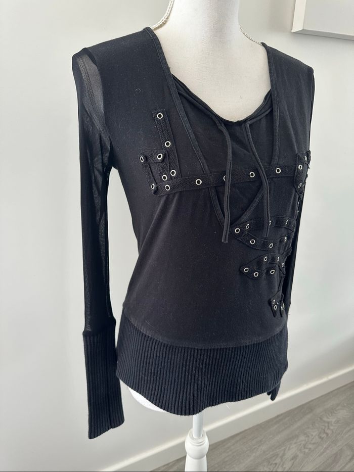 Blouse en mesh tulle et œillets noir et argenté Y2K T3 38/40 M/L - photo numéro 2