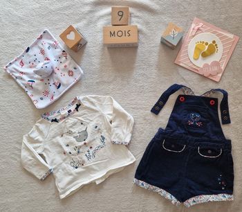Ensemble Sergent Major T-shirt ML blanc + Salopette short velours marine 9M (BE)
