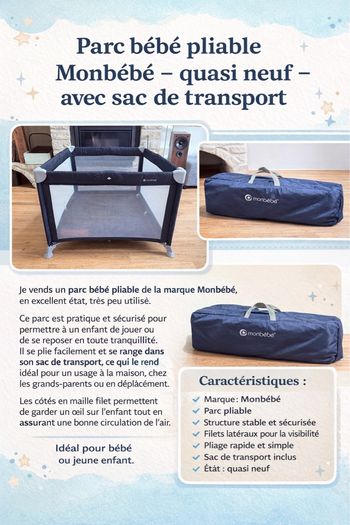 Parc bébé pliable Monbébé – quasi neuf – avec sac de transport