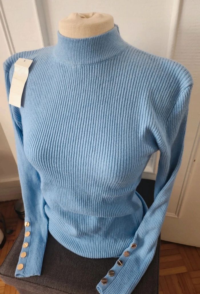 Pull col cheminé coton bleu - photo numéro 2