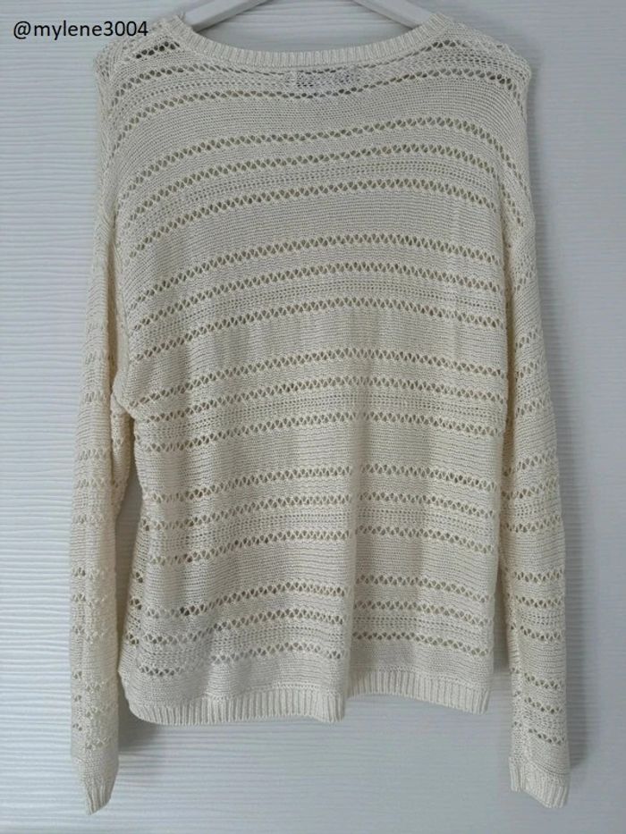 Pull d'hiver en maille et trous blanc crème uni basique simple col rond - photo numéro 4